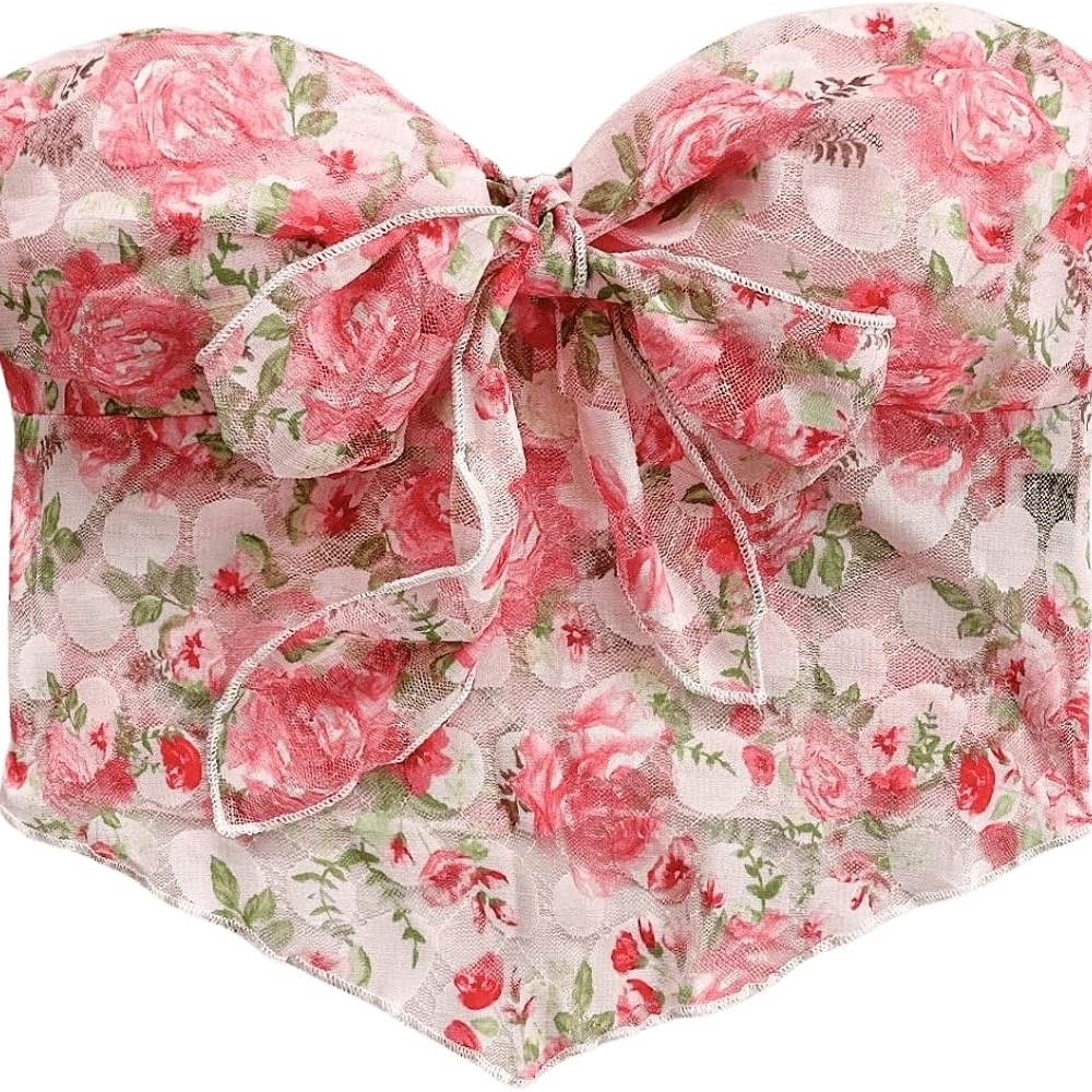 SHEIN Floral Lace Bandeau - Pink and White